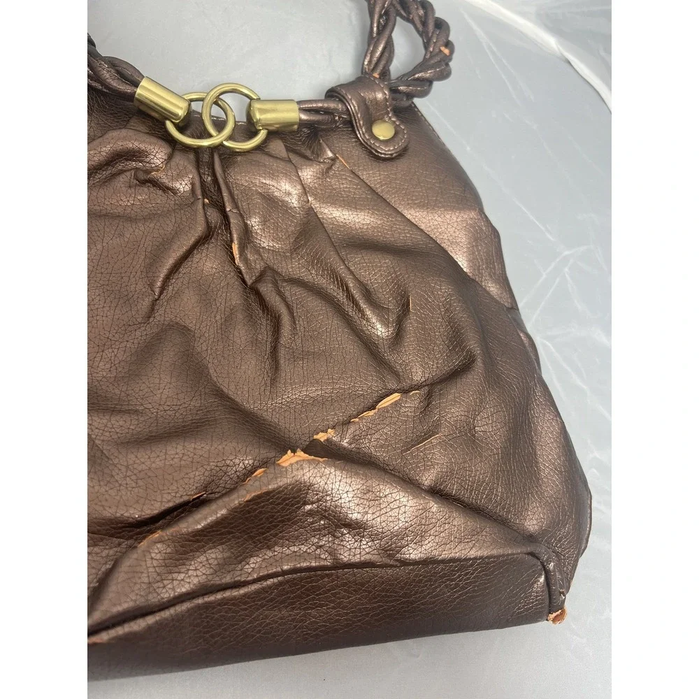 Metallic‎ Bronze Faux Leather Shoulder Bag Braided Handle Magnetic Closure